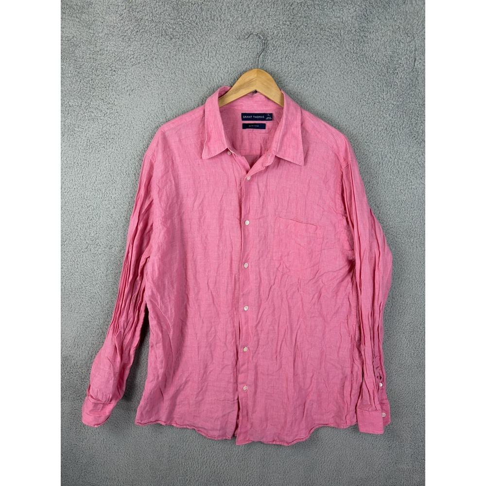 Grant Thomas Shirt Mens XL Pink Linen Long Sleeve Button Front Casual Summer Men